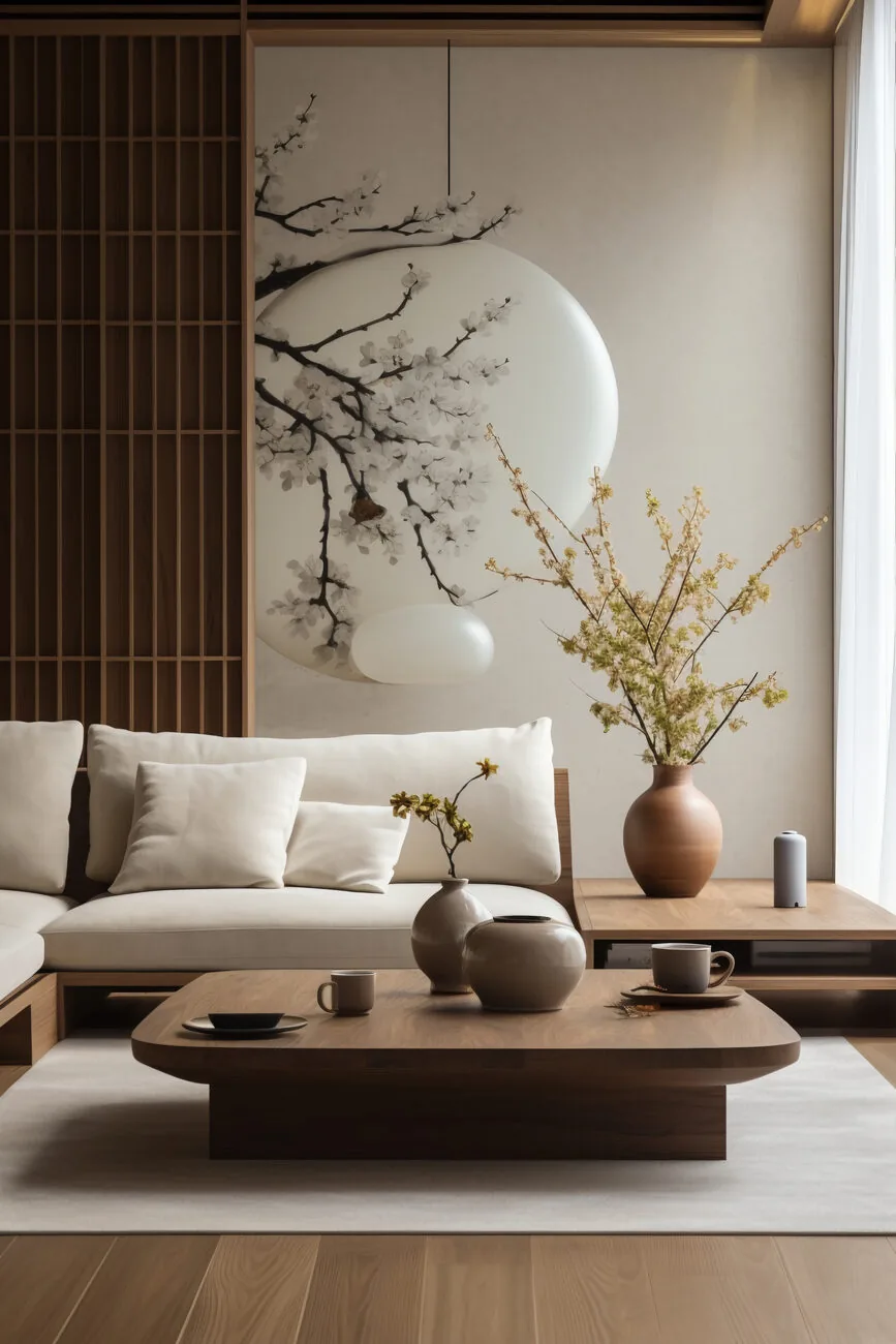 A living room in pale wood and linen, with a low table and a branch of blossom by the window