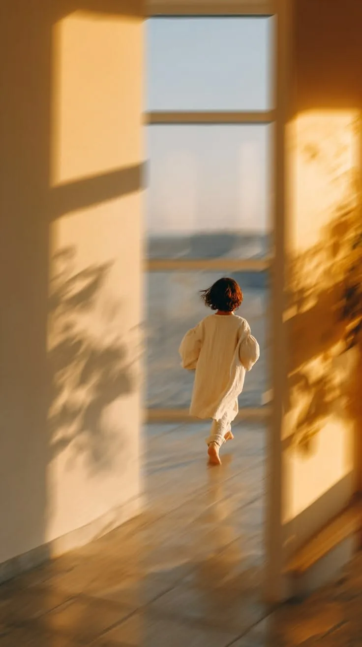 A child running barefoot across a sunlit wooden floor towards an open window